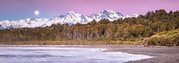Moonrise over Mount Tasman and Aoraki, Mount Cook