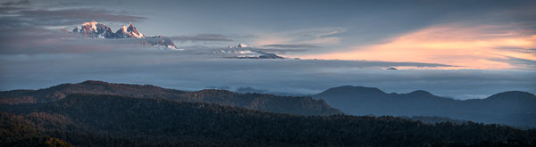 Sunset over Okarito forest and The Southern Alps